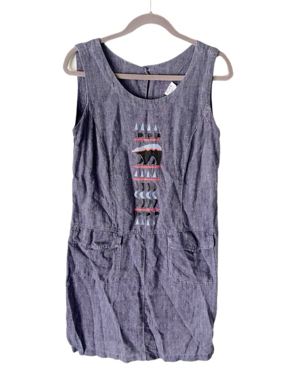 Click by Color Me Cotton Dress Size Small 100% Linen Hand Painted Bear Shift 90s